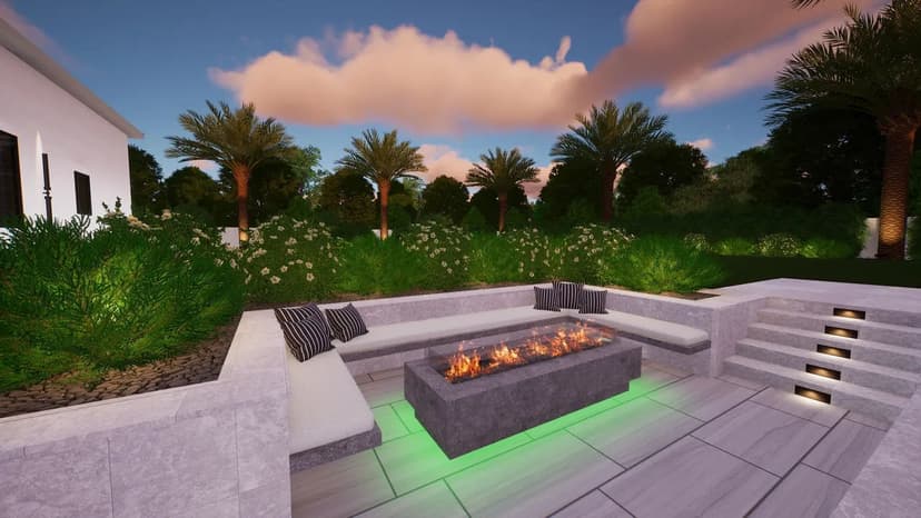 Modern outdoor seating area with a fire pit, surrounded by lush greenery and palm trees.