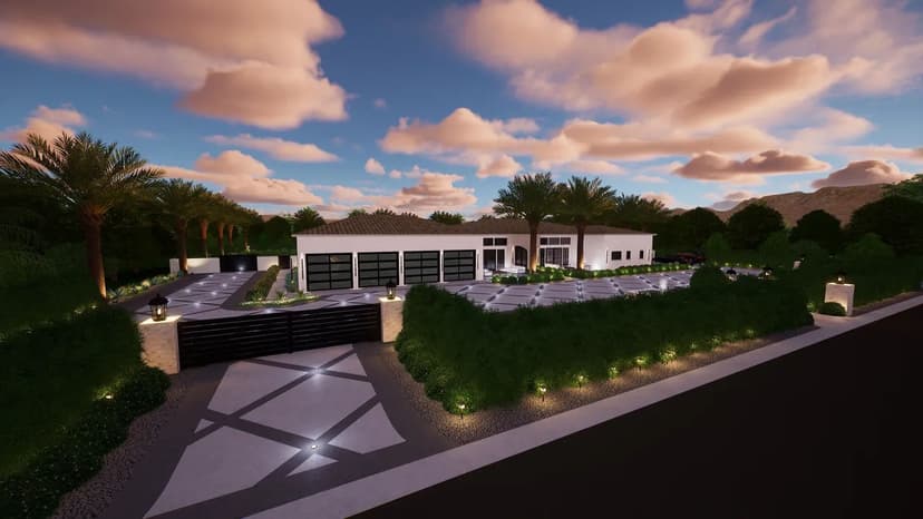 Modern luxury home exterior with landscaped gardens and palm trees under a picturesque sunset.