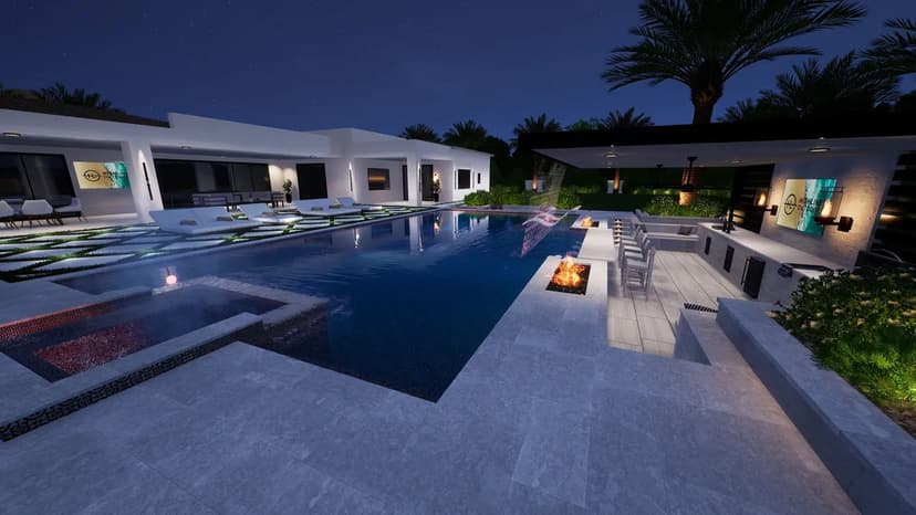 Luxury modern villa with pool, fire pit, and lush landscaping at night. Ideal for relaxation.